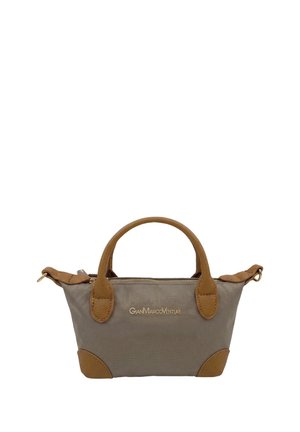 Petit sac à main taupe avec poignées en cuir marron, accents aux coins et logo Gian Marco Venturi au centre avant.