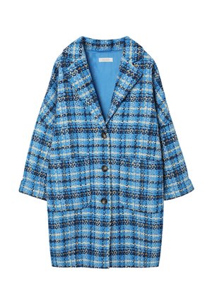 Sininen ruudullinen pitkä takki, jossa on jäsennelty muotoilu, lovettu kaulus, kolme nappia ja sileä sininen vuori. Karheasti kudottu kangas.