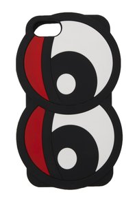 Coque de téléphone en silicone présentant un design avec des éléments circulaires noirs, blancs et rouges, et une finition texturée pour une meilleure prise en main.