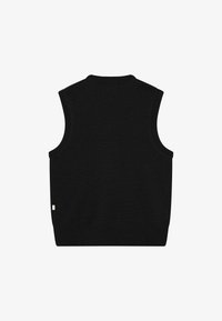 Czarny dzianinowy sweter bez rękawów z okrągłym dekoltem, prążkowanymi otworami na ramiona i dołem. Prosty design z małą metką z boku.