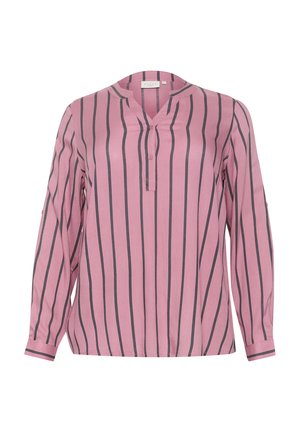 Blusa de manga larga rosa con rayas verticales en gris oscuro, con botonera y cuello redondeado. Fabricada en un tejido suave de textura lisa.