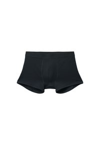 Boxer shorts neri in cotone con una texture liscia, vita elastica e cuciture a contrasto. Il design include una tasca frontale per il supporto.