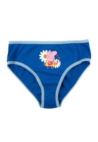 Blaue Baumwollunterwäsche mit hellblauen Akzenten. Mit einer Comicfigur, die Blumen hält, begleitet von Herzen.