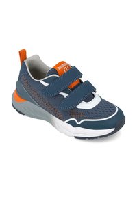 Scarpa sportiva blu e grigia in materiale reticolare e sintetico, dotata di due cinturini in velcro, dettagli arancioni e suola imbottita.