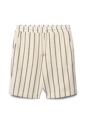 Shorts en maille beige avec des rayures verticales noires, taille élastique avec cordon de serrage et poches latérales avant.