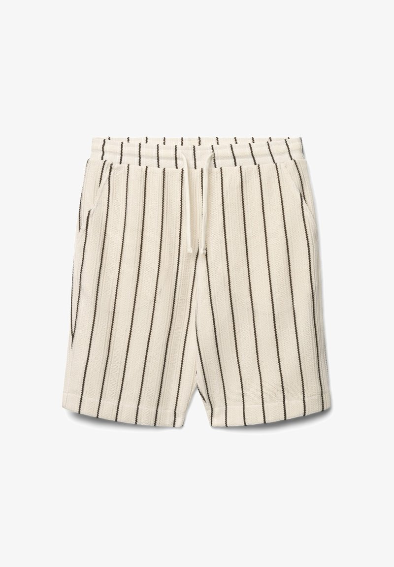 Pantaloncini beige a maglia con strisce verticali nere, fascia elastica in vita con coulisse e tasche anteriori laterali.