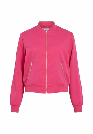 Veste bomber rose vif pour femme avec fermeture éclair sur le devant et poches latérales zippées, col, poignets et taille côtelés.