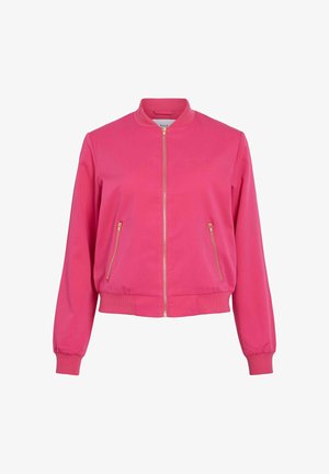 Kvinders lys pink bomberjakke med frontlynlås og lynlåslommer på siden, ribbet krave, manchetter og talje.