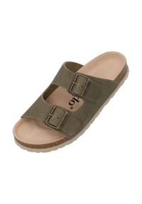 Sandal verde con due cinghie e fibbie metalliche regolabili. Sottopiede in sughero e suola in gomma testurizzata. Materiale superiore liscio con finitura opaca.