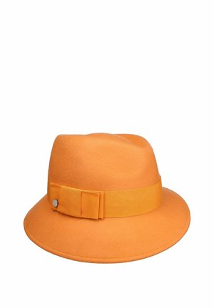 Orange fedora hat with wide brim and matching ribbon band featuring a small silver button on one side, set against a white background.