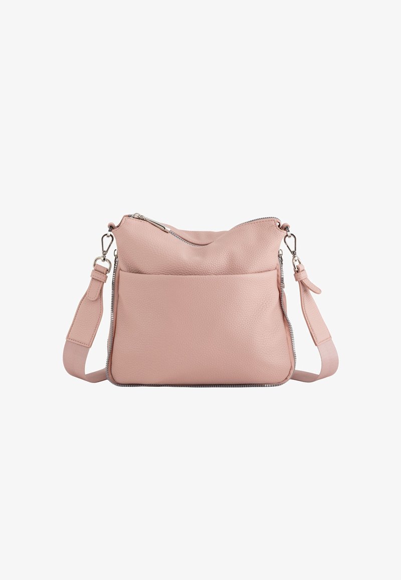 Pink leather crossbody bag with a zippered top, textured surface, adjustable strap, and a front pocket. Silver hardware accents.