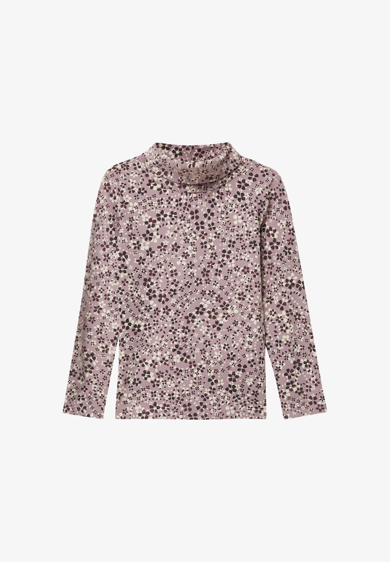 Langärmliges Oberteil in Helllila mit floralem Druck in Dunkellila und Weiß. Verfügt über einen hohen Kragen und einen weichen, strukturierten Stoff.