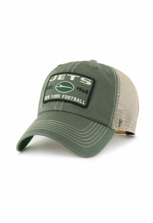 Green and beige mesh baseball cap with a JETS New York Football patch and stitched details on the front and brim.