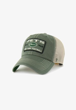 Zielono-beżowa siateczkowa czapka z daszkiem z łatką JETS New York Football oraz przeszyciami na przodzie i daszku.