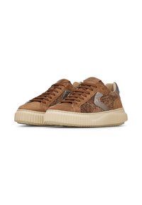 Brown suede and textured leather sneakers with beige rubber sole, brown laces, and metallic silver accents on the sides.