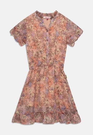 Vestido corto de flores rosa con mangas cortas, botones en la parte delantera, cintura elástica y bajo con volantes.