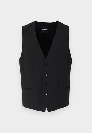 Fekete, szabott mellény mély V-nyakkal, öt gombos záródással, két elülső zsebbel és sima textúrájú anyaggal. A címke a "BOSS" márkát jelzi.