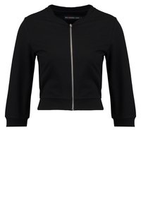 Czarna krótka kurtka wykonana z gładkiego materiału, z suwakiem z przodu, długimi rękawami i ściągaczami dla dopasowanego wyglądu.