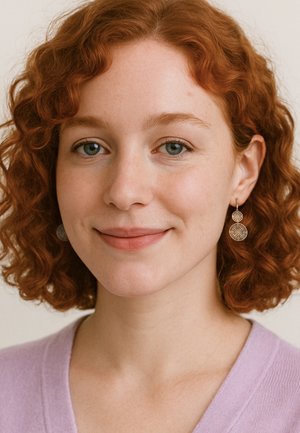 Boucles d'oreilles dorées avec un motif découpé complexe. Le modèle porte un cardigan violet clair, mettant en valeur un look de maquillage naturel et des cheveux roux bouclés.