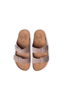 Two soft, taupe-colored slide sandals with two adjustable straps and silver buckles, featuring a tan, textured footbed with branding. Size 37.