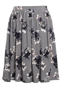 Jupe fleurie dans des nuances de gris, avec des motifs de fleurs bleu marine et crème, design plissé et taille plate. Tissu léger.