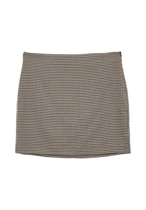 Gonna a fantasia pied-de-poule beige e nera. Fascia ad A con una texture liscia, caratterizzata da una vita semplice e senza hardware visibile.