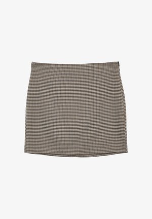 Gonna a fantasia pied-de-poule beige e nera. Fascia ad A con una texture liscia, caratterizzata da una vita semplice e senza hardware visibile.