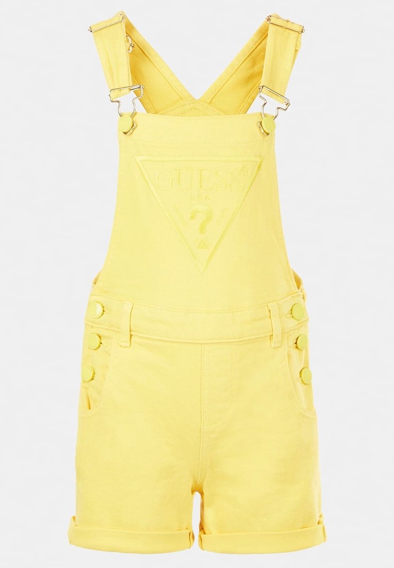 Salopette en denim jaune avec un logo triangulaire embossé, une boucle de réglage sur la bretelle et un détail à plusieurs boutons sur le côté. Shorts à ourlet retroussé.