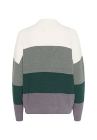 Ribbed textúrájú pulóver, krém, zöld, szürke és levendula vízszintes csíkokkal, laza fit és széles ujjakkal tervezve.