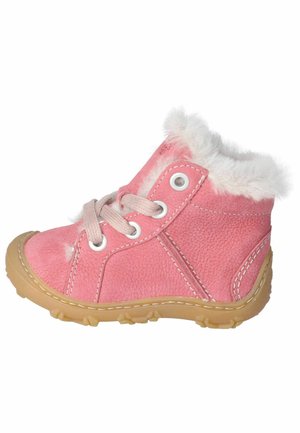 Rosa Lederstiefelette mit weißem Kunstpelzfutter, runder Zehenpartie, beigem Absatz, rosa Schnürsenkeln und Metallösen für die Schnürsenkel.