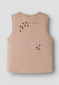 Ljusrosa ärmlös topp med broderi på ryggen av en fågel och grenar i vitt och vinrött, tillverkad av bomull med en mjuk struktur.