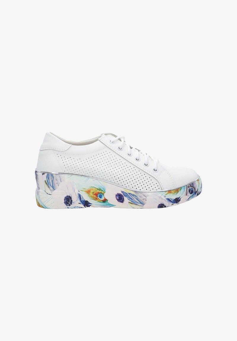 White leather sneaker with perforated sides and a floral-patterned platform sole featuring blue and purple flowers on a light background.
