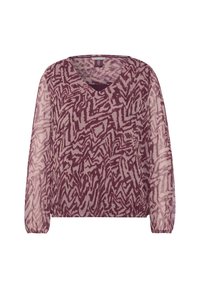 Effen paarse blouse met abstracte lichte en donkere patronen, V-hals en lange mouwen met elastische manchetten. Zacht, lichtgewicht materiaal.