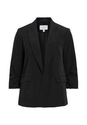 Blazer noir cintré avec revers crantés, manches trois-quarts froncées, deux poches avant à rabat, devant non boutonné.