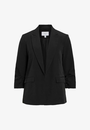 Sort skræddersyet blazer med hakkede revers, trekvartlange rynkede ærmer og to forlommer med klap, ubeslået foran.