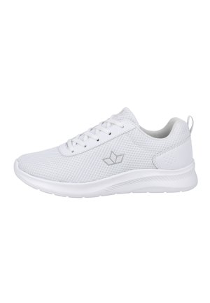 White mesh athletic shoes with a textured upper, laces, and a cushioned sole. Features a subtle logo on the side and a pull tab at the heel.