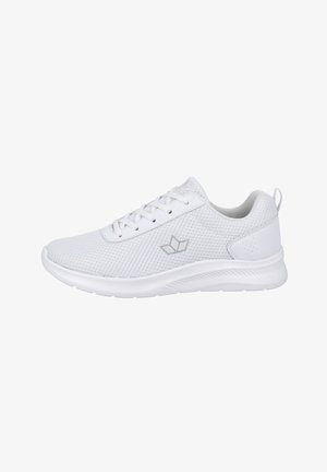 White mesh athletic shoes with a textured upper, laces, and a cushioned sole. Features a subtle logo on the side and a pull tab at the heel.