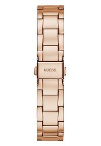 Orologio Guess con bracciale in metallo rosa lucido, maglie rettangolari lisce e chiusura con dettaglio del logo inciso. Finitura superficiale lucida.