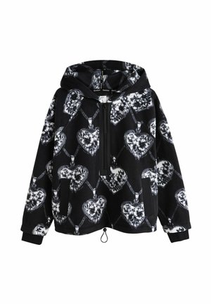 Black fleece hoodie featuring a heart pattern in white and gray. Quarter-zip design, adjustable drawstring hem, and side pockets.