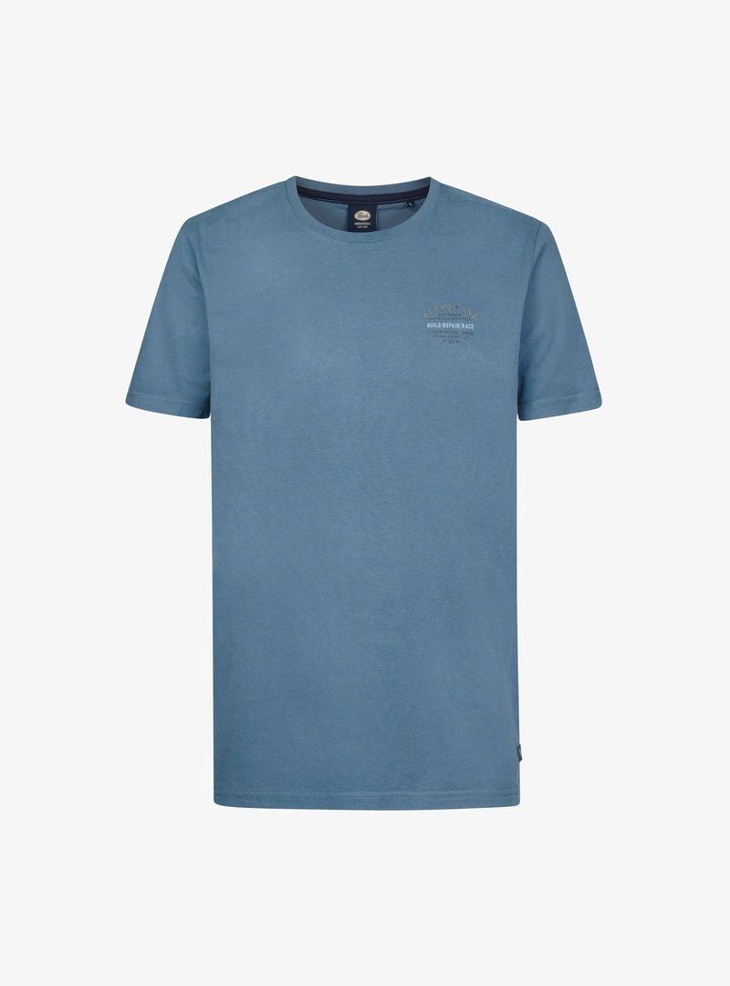Modré bavlněné tričko s kulatým výstřihem. Na levé straně hrudi má malé potištěné logo. Krátké rukávy a klasický rovný střih.