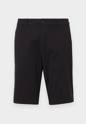 Black shorts made of a lightweight fabric. Features a button closure, belt loops, two side pockets, and a straight cut.
