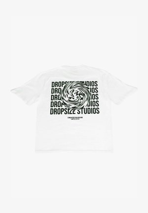 Hvid bomulds T-shirt med et virvlende sort grafik på bagsiden, hvor "DROPSIZE STUDIOS" er gentaget med fede bogstaver. Begrænset udgave.