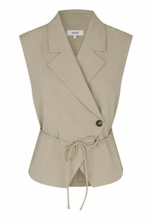 Béžový bezrukávový blejzer so širokými klopami, jedným čiernym gombíkom a tenkým opaskom v páse, veľkosť malá.