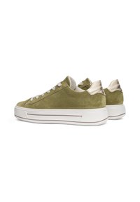 Olive green suede sneakers with white laces, textured uppers, and metallic gold accents at the heel. Elevated white rubber sole.