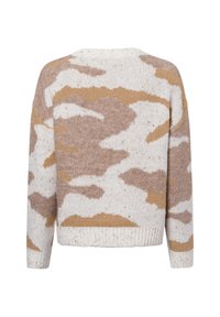 Maglione lavorato a maglia con un motivo camouflage beige e crema, orlo e polsini a coste, e una silhouette rilassata. Morbido al tatto.