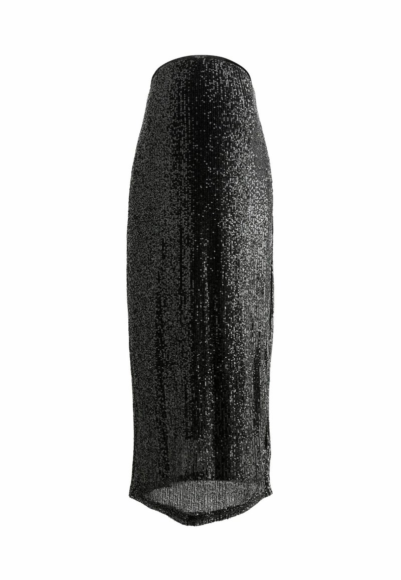Jupe midi en maille noire taille haute, ornée d'une texture pailletée, présentant une silhouette droite et un ourlet légèrement courbé.