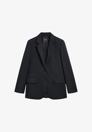 Zwart colbert met een gestructureerd ontwerp, twee knopen en rever met inkeping. Heeft twee voorzakken en een gladde stoftextuur.