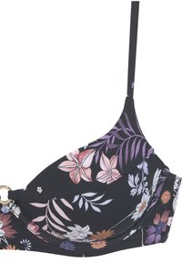 Juodas bikini viršus su gėlių raštais rožinės, violetinės ir baltos spalvų. Lygi medžiaga su struktūrizuotais puodeliais ir aukso metalo žiedo detalėmis.