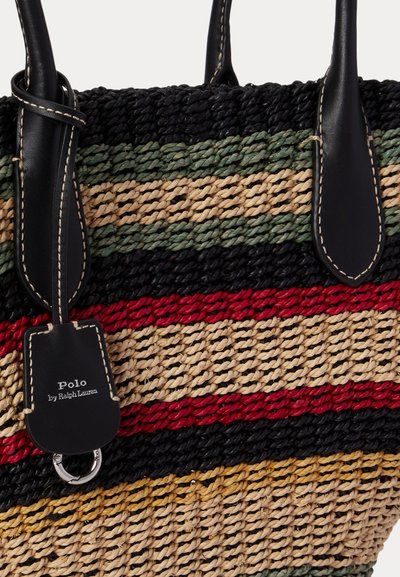 Πλεκτή τσάντα ώμου με ριγέ σχέδιο, μαύρες δερμάτινες λαβές και μαύρη δερμάτινη ετικέτα με ανάγλυφο το λογότυπο "Polo by Ralph Lauren".