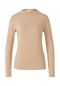 Beige Langarmhemd aus einem weichen, dehnbaren Stoff. Mit einem runden Ausschnitt und einer figurschmeichelnden Passform, die nur über minimale Nähte verfügt.